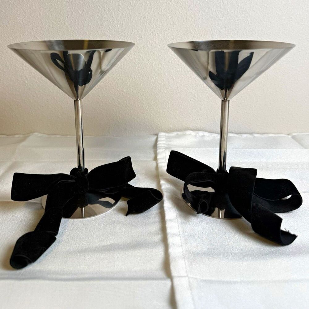 Crate & Barrel Easton Martini Glasses Metal Silver/Black Ribbon Set of 2